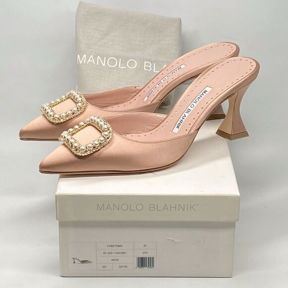 Manolo Blahnik Fabetamu 70 Embellished Satin Mules size 37 - Picture 14 of 16